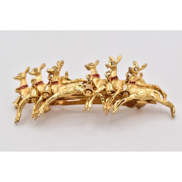 Vintage Christmas Hair Clip Reindeer Gold Red Enamel Bells Dangle Holiday 1980s main image 11